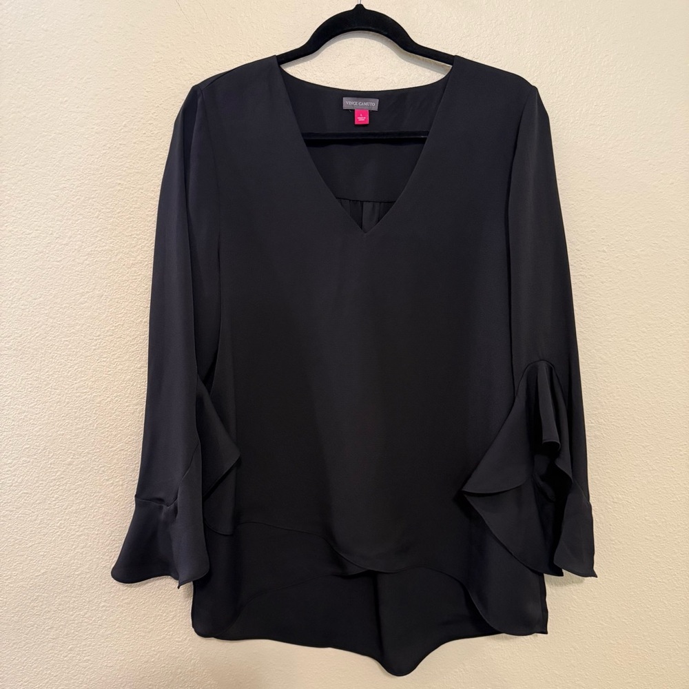 Vince Camuto Black V-Neck Blouse with Flared Sleeves